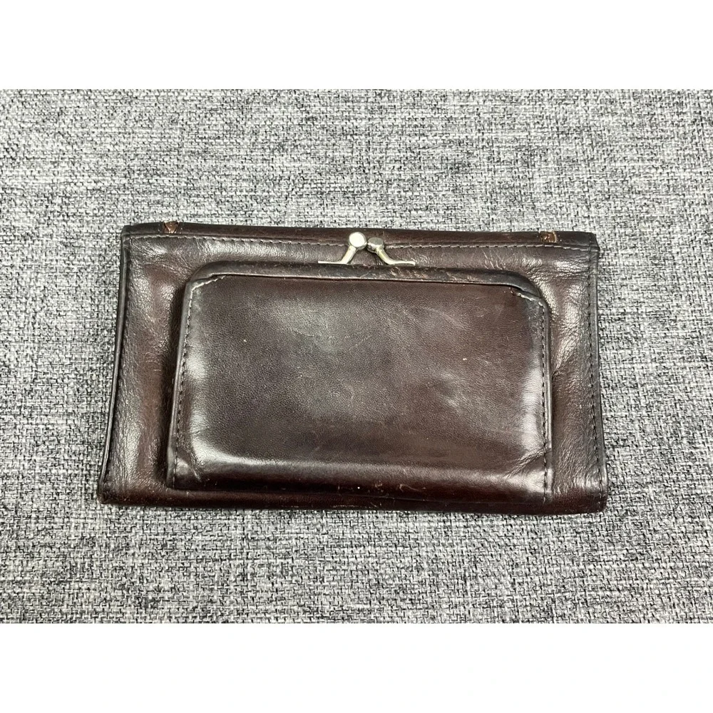 Rolfs Vintage Brown Cowhide Leather Trifold Wallet Braided Trim Kiss Lock Clutch